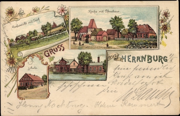 Chromo-Litho Herrnburg Lüdersdorf in Mecklenburg, church, vicarage, school, pond