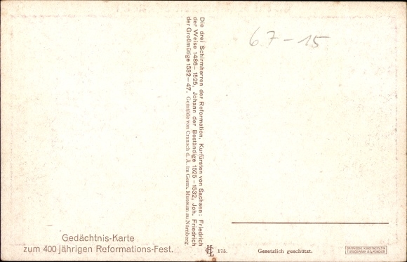 Postcard John the Steadfast, Frederick the Wise, Joh. Friedr. the Magnanimous, 400 years of Reformation