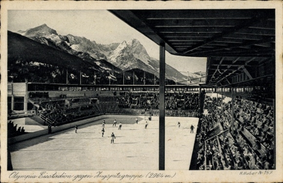 Postcard Garmisch Partenkirchen, Olympic Ice Stadium against Zugspitzgruppe, ice hockey