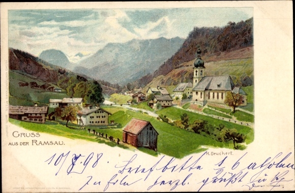 Artist Chromo-Litho Deuchert, H., Ramsau in Berchtesgadener Land Upper Bavaria, view of the place