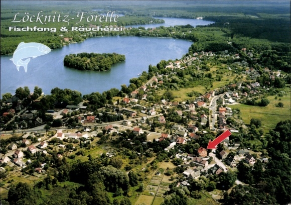 KP Löcknitz na Pomorzu Zachodnim, widok z lotu ptaka na jeziora, wioski, łowiska i wędzarnię