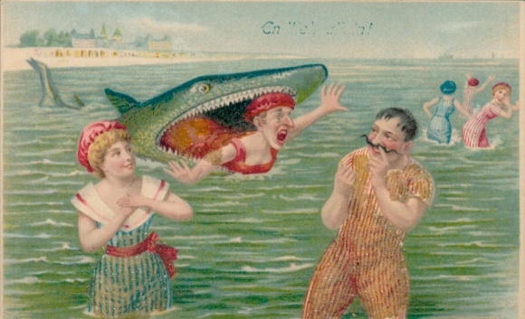 Pearl Chromo-Litho Men and Women in Swimwear on the Beach, Shark