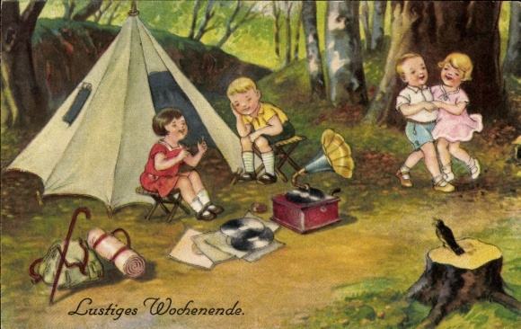 Artysta KP Funny Weekend, dzieci na polanie w lesie, gramofon, namiot