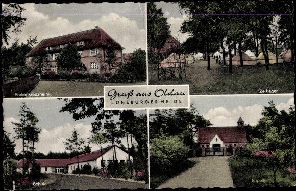 Postcard Oldau Hambuehren in Lower Saxony, Eichenkreuzheim, tent camp, school, chapel