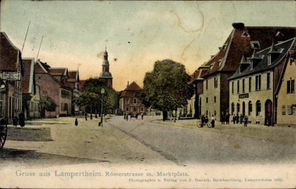 Postcard Lampertheim am Rhein Hessen, view of Roman road, market square, historical architecture, tower