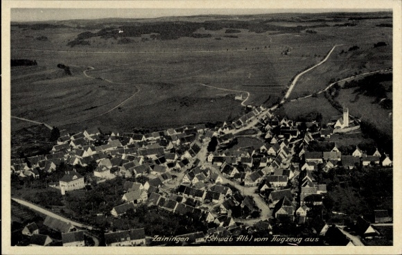 Postcard Zainingen Römerstein in the Swabian Alb, aerial view of Swabian Alb, many houses,
