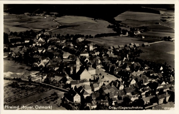 Postcard Pfreimd in the Upper Palatinate, aerial photograph of Bavarian Ostmark, buildings, agricultural fields
