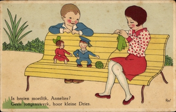 Artist Postcard Children, Girl Knitting, Dolls, Bench