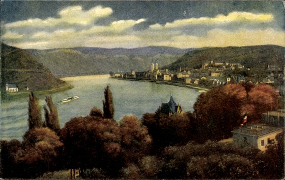 Postcard Boppard am Rhein, view of the Rhine, wooden boats, hilly landscape, trees