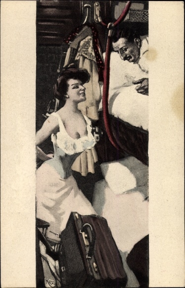 Künstler Ak Reznicek, Ferdinand von, Frau im Korsett, Paar im Schlafwagen, Simplicissimus II 9