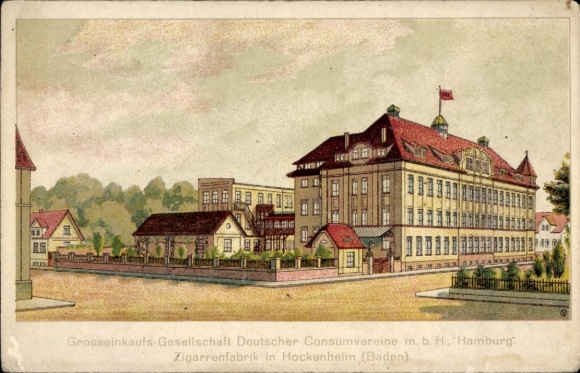 Postcard Hockenheim in Baden, cigar factory, wholesale purchasing association of German consumer associations