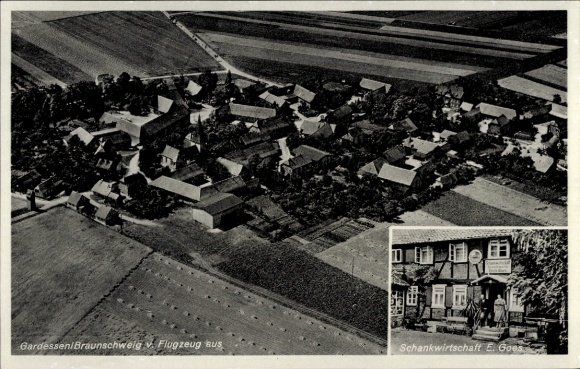 Postcard Gardessen near Cremlingen Lower Saxony, aerial photograph, Schwankwirtschaft zur Post, E. Goes