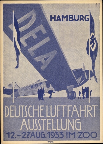 Künstler Ak Deutsche Luftfahrt Ausstellung DELA 1933 im Zoo Hamburg, Flugzeug
