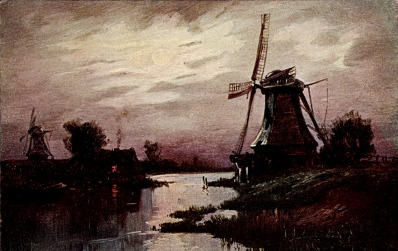 Moonlight Postcard Windmills on the River, Cloudy Sky