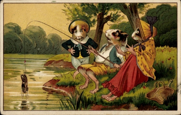 Chromo-Litho Humanized Animals Fishing, Fishing Rod, Failed Catch