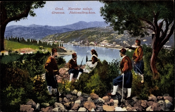 PC Gravosa Croatia, men in national costumes, rifles, Purver 10622