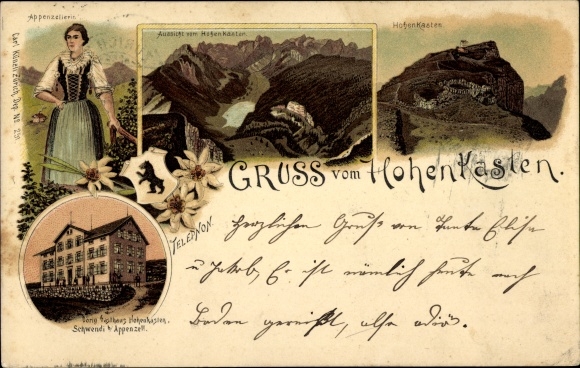 Litho Appenzell Kt. Appenzell Innerrhoden Schweiz, Hoher Kasten, Gasthaus, Frau in Tracht