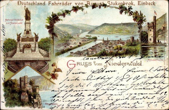 Litho Rüdesheim am Rhein, Mäuseturm, Niederwald Nationaldenkmal, Rheinstein, Bingerbrück