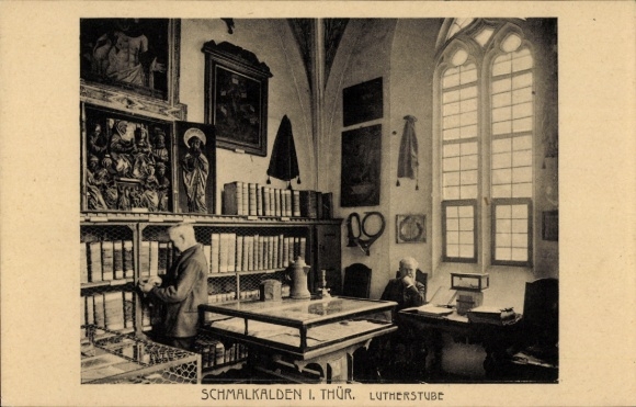 Postcard Schmalkalden in the Thuringian Forest, Lutherstube, bookshelves, people, atmosphere