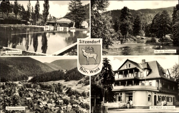 Ak Sitzendorf Thüringen, An der Schwarza, Badeanstalt, HO Hotel Zur Linde