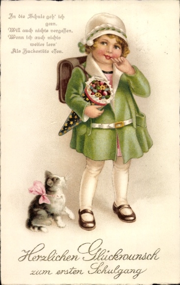 Chromo-Litho congratulations back to school, candy cone, girl, cat