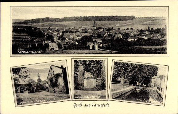 Ansichtkaart Farnstedt Farnstädt in de Saalekreis, panorama, kerk, monument, dorpsvijver