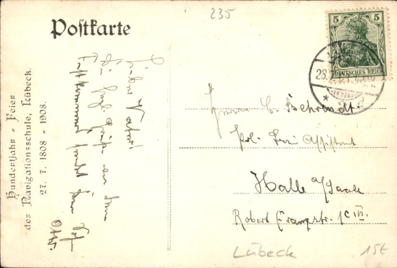 Postcard Hanseatic City of Lübeck, Navigation School, Centenary 1808-1908, Eduard Thiel, Franz Schulze