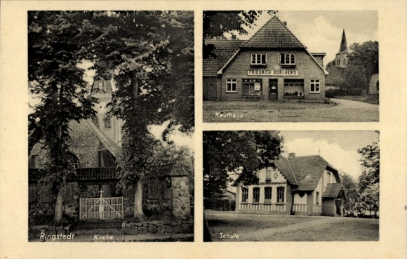Postcard Ringstedt Geestland in Lower Saxony, church, school and department store Friedrich Borchers