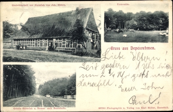 Postcard Depenrehmen Ahrensmoor North Ahrensmoor, inn for Harselah by J. Ehlers, cattle pasture