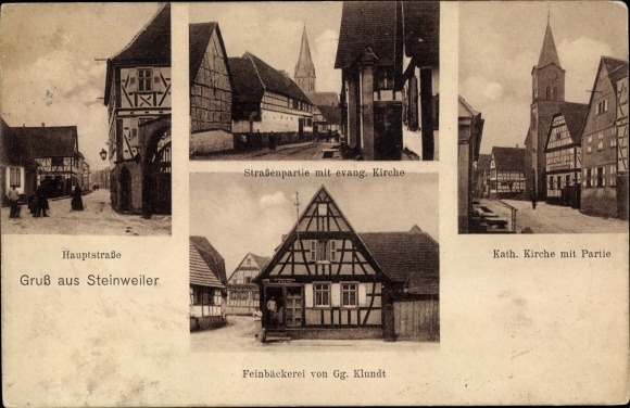 Postcard Steinweiler in Rhineland-Palatinate, main street, street section, evangelical church, Klundt bakery