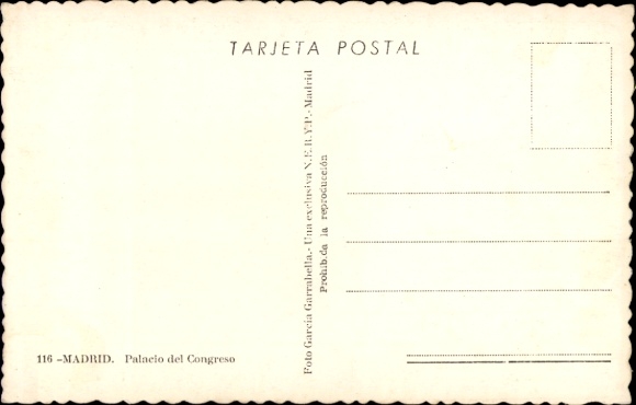 Postcard Madrid Spain, CORTES ESPAÑOLAS, Palace of Congress, columns, statue,