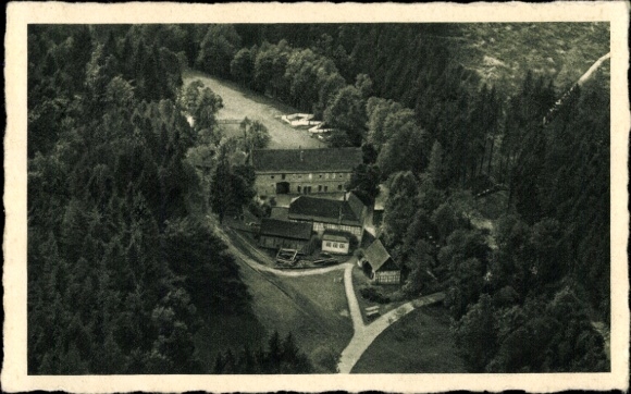 Postcard Eisenberg in Thuringia, Gasthof Froschmühle, Mühltal, aerial photo