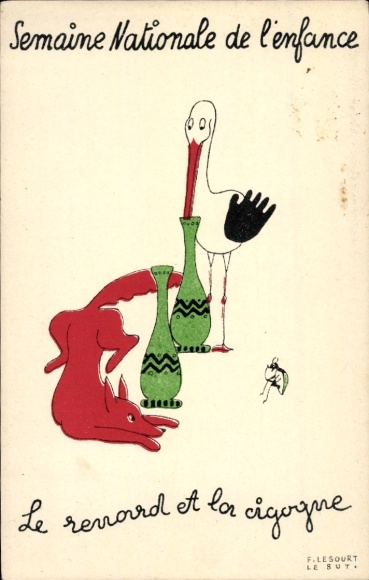 Postcard Semaine Nationale de l'enfance, stork, fox and insect