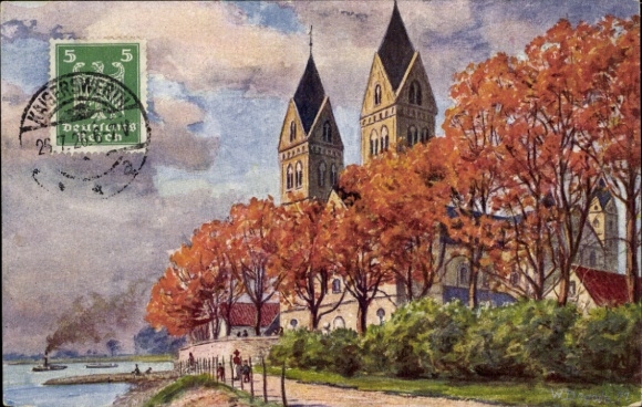 Ak Kaiserswerth Düsseldorf am Rhein, Südtubertuskirche, Aquarell von W. Dagode, Flussufer mit ...