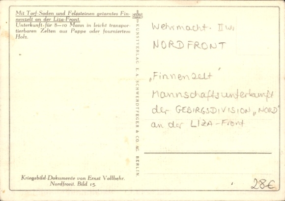 Artist Postcard Vollbehr, Finnish tent camouflaged with peat sods and rocks on the Liza Front, picture 15