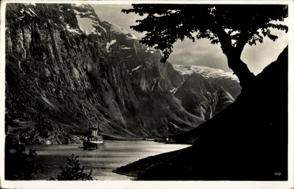 Ansichtkaart Gudvangen Noorwegen, Nærøfjord, stoomboot