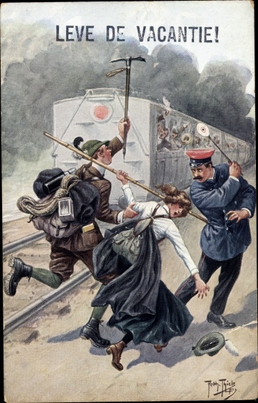 Artist PC Thiele, Arthur, couple with mountaineering equipment missed the train, hikers, conductors