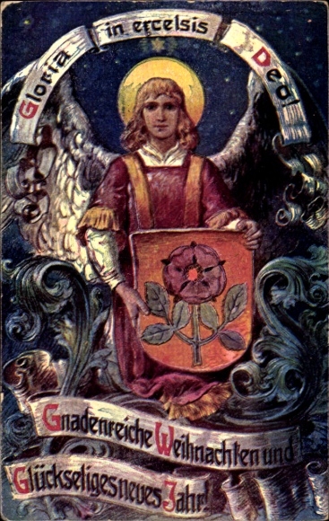 Kunstenaar Ak Vrolijk Kerstfeest, Gelukkig Nieuwjaar, Engel met wapenschild, Gloria in excelsis Deo