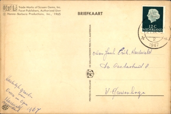 Postcard Fred Feuerstein, Barney Rubble, dumbbell
