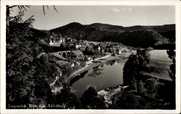 Postcard Ziegenrück on the Slate Mountains of Thuringia, view from the Schlossberg, railway bridge, weir