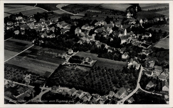 Postcard Laupheim in Upper Swabia, aerial view, forest, fields, residential buildings