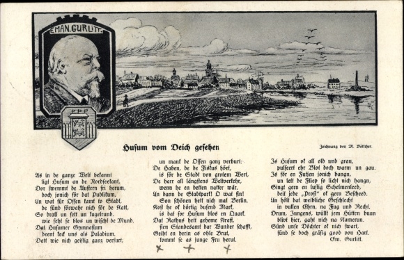 Artist Song Postcard Böttcher, Husum in North Frisia, view from the dike, Emanuel Gurlitt, coat of arms