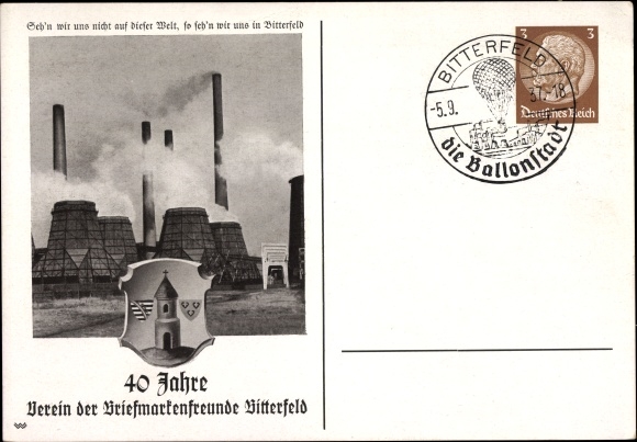 Postal stationery coat of arms PC Bitterfeld in Saxony-Anhalt, 40 years association of stamp friends, factory