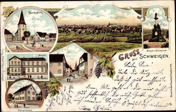 Litho Stilte in de Palts, panorama, marktplein, school, boswachtershut, Beiers monument