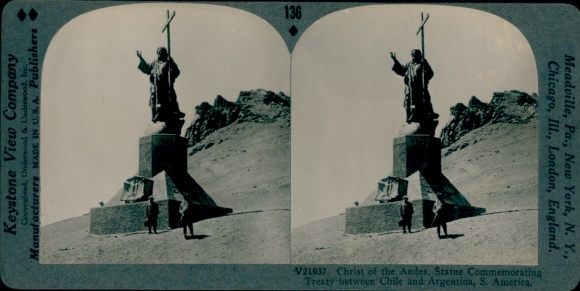 Stereo Photo Chile, Christ of the Andes, commemorative statue for the treaty between Chile and Argentina