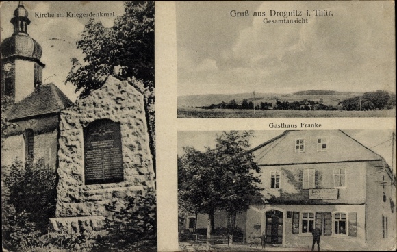 Postcard Drognitz in Thuringia, Gasthaus Franke, church, war memorial, general view