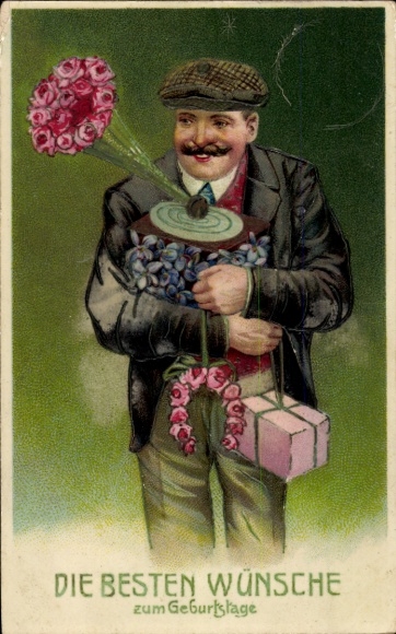 Postcard congratulations birthday, man with gifts, flowers