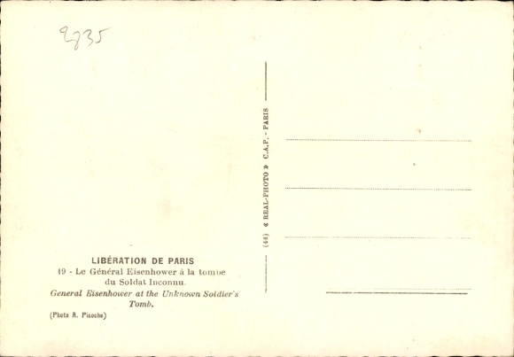Postcard Liberation of Paris, General Eisenhower at the Tomb of the Unknown Soldier