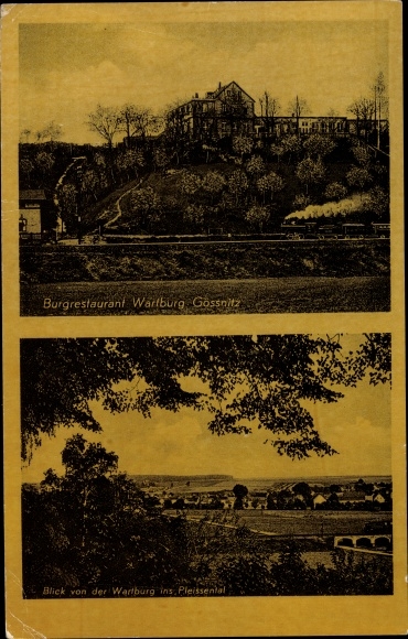 Ak Gößnitz in Thüringen, Burgrestaurant Wartburg, Inh. Otto Mahn, Blick auf den Ort