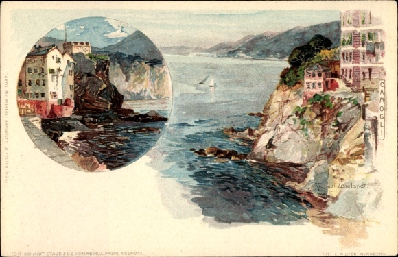 Kunstenaar Litho Wielandt, Manuel, Camogli Liguria, dorp met landschapsmening